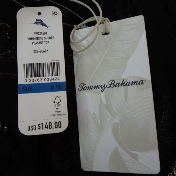 Tommy Bahama Peasant Top Women's Size XL Black Shimmering Jacquard Print Boho - Picture 9 of 10